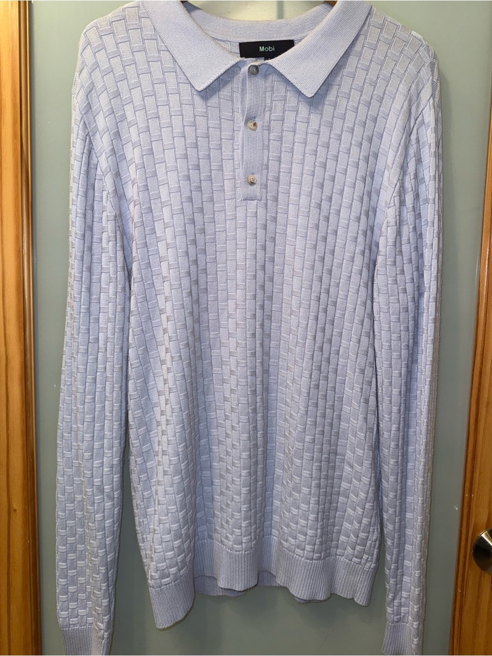 Men's Light Blue V-Neck Textured Polo Sweater